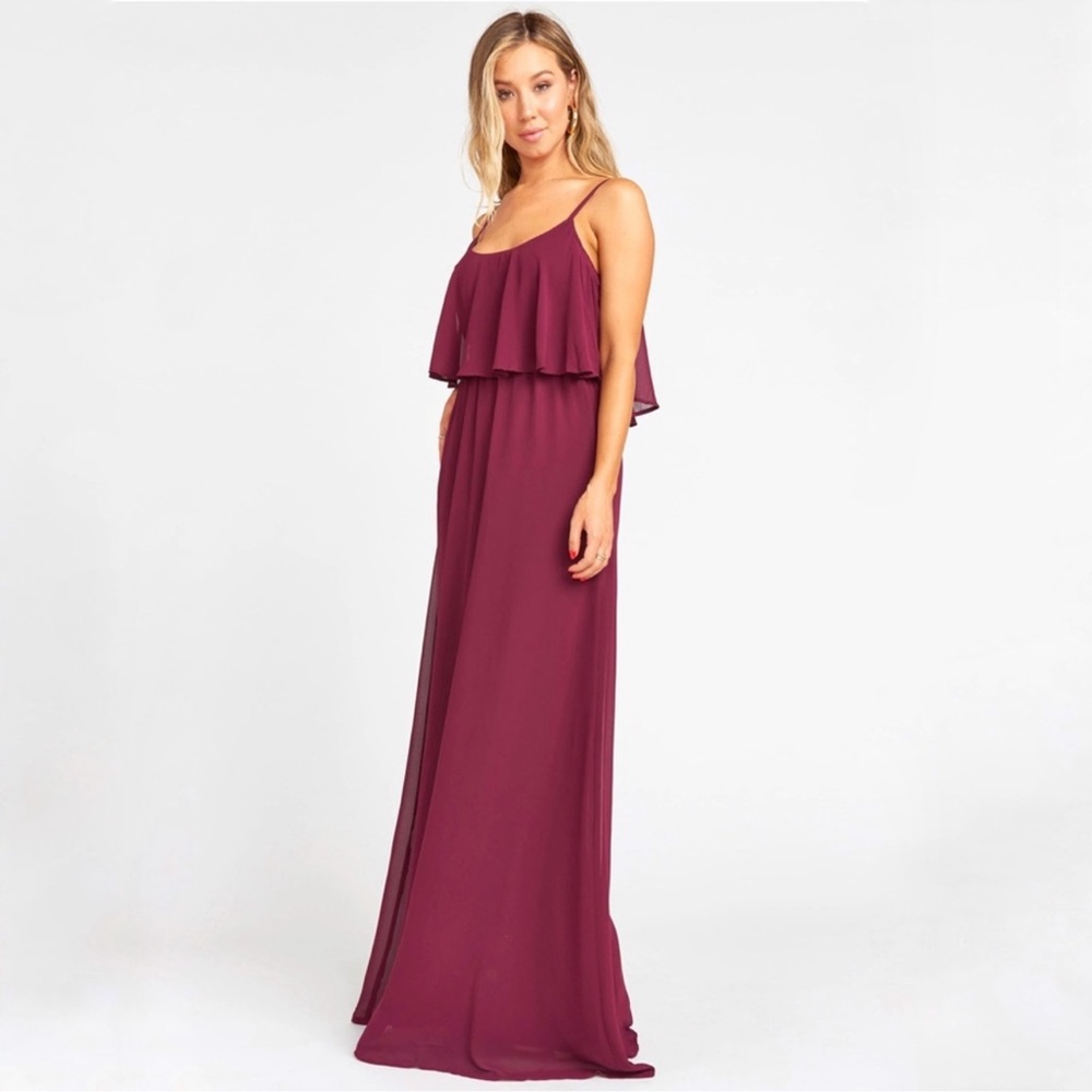 Show Me Your Mumu Caitlin Ruffle Maxi Dress in Merlot Chiffon